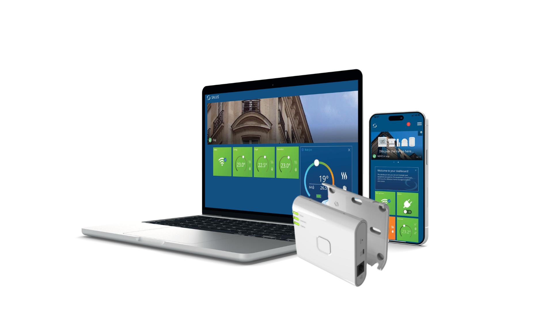 L'application Salus ouverte sur un ordinateur portable et sur un téléphone, passerelle UG800 posée devant